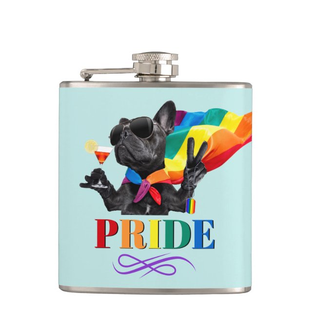 Pride Party Dog in Rainbow Cape Hip Flask (Front)