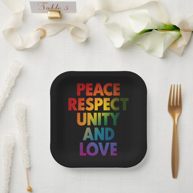 Pride Peace Respect Unity And Love  Paper Plate (Wedding)