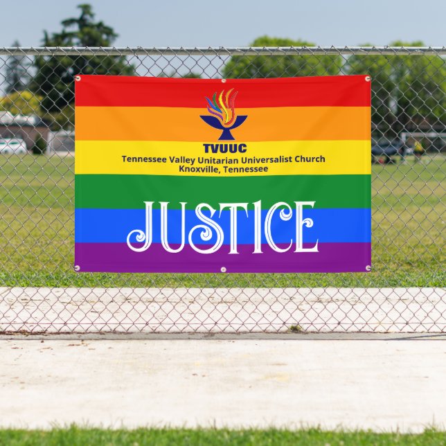 Pride Rainbow Flag JUSTICE / TVUUC Banner (Insitu)