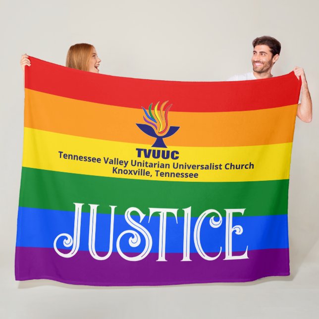 Pride Rainbow Flag JUSTICE / TVUUC Fleece Blanket (In Situ)