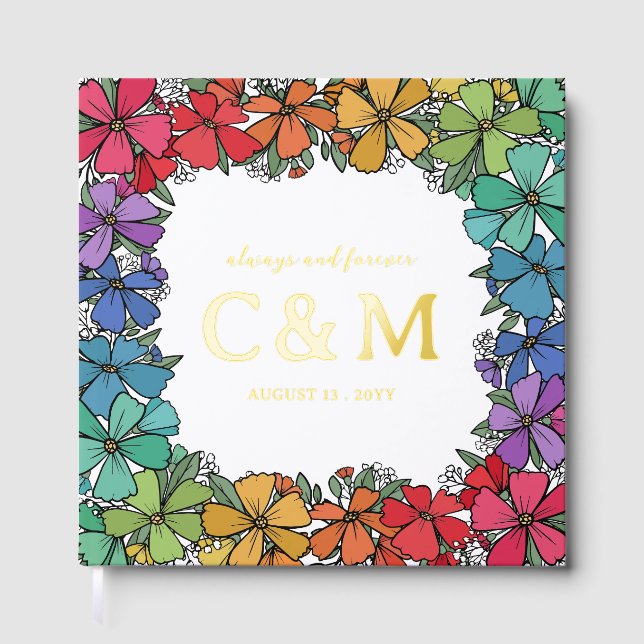 Pride Rainbow Floral Wreath Gold LGBTQ Wedding Guest Book (Front)