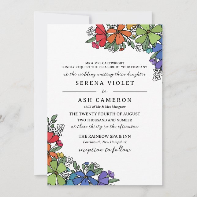 Pride Rainbow Flowers Formal LGBT Wedding Invitation (Front)