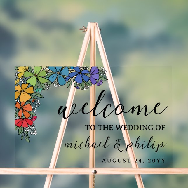 Pride Rainbow Flowers LGBT Wedding Welcome Acrylic Sign (Neutral)