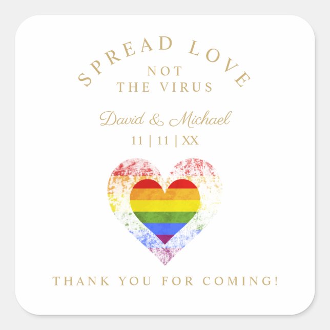 Pride Rainbow Heart Lesbian Gay Wedding Sanitizer Square Sticker (Front)