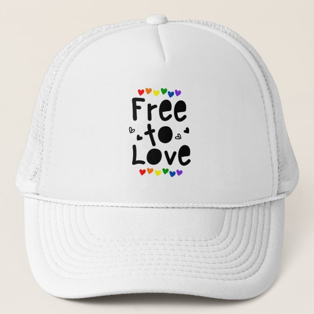 Pride Rainbow Hearts Free to Love Trucker Hat (Front)