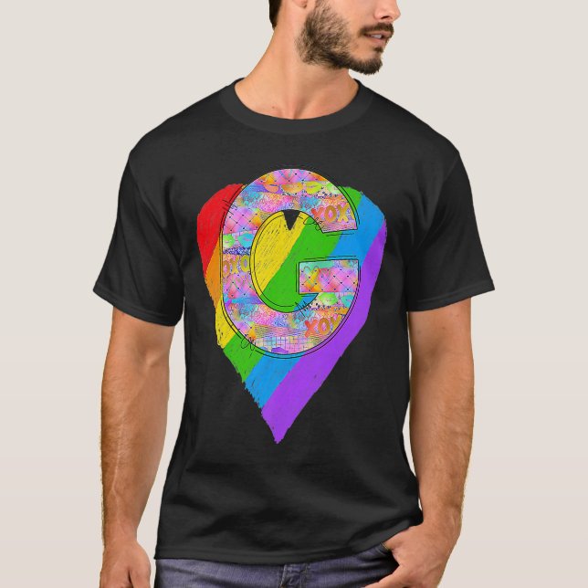 Pride Rainbow Letter G Initial Name Monogram Queer T-Shirt (Front)
