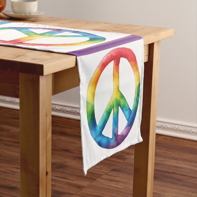 Pride Rainbow Peace Sign Short Table Runner (In Situ)