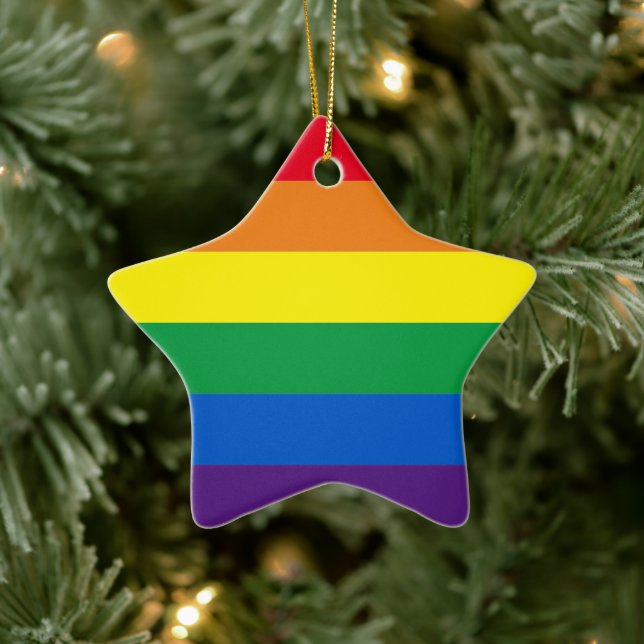 Pride rainbow stripes LGBT gay flag star Christmas Ceramic Ornament (Tree)