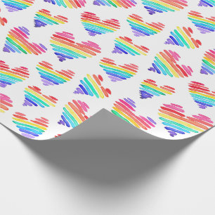 Pride Rainbow Watercolor Hearts White Wrapping Paper