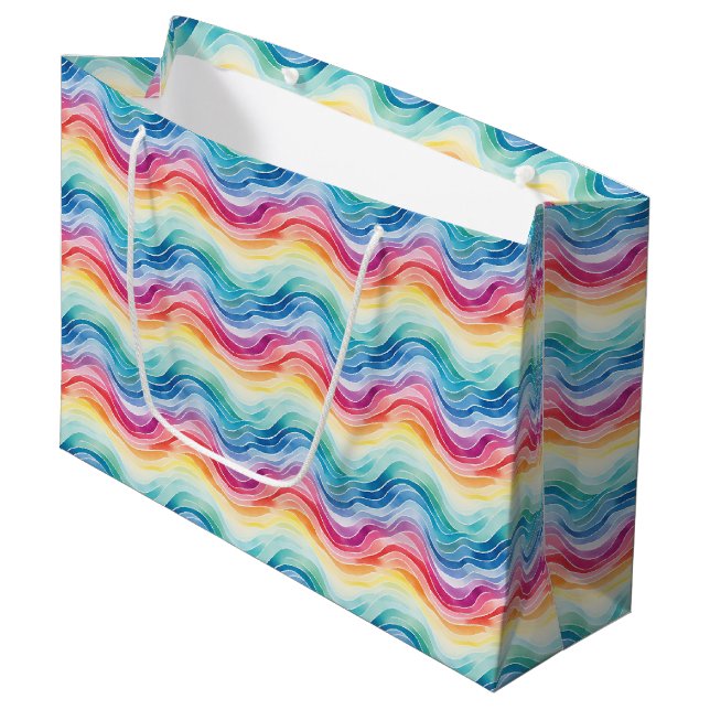 Pride Wavy Rainbow Stripes Pattern Large Gift Bag (Front Angled)
