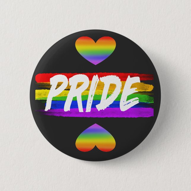 PRIDE white against rainbow flag and two hearts 6 Cm Round Badge (Front)