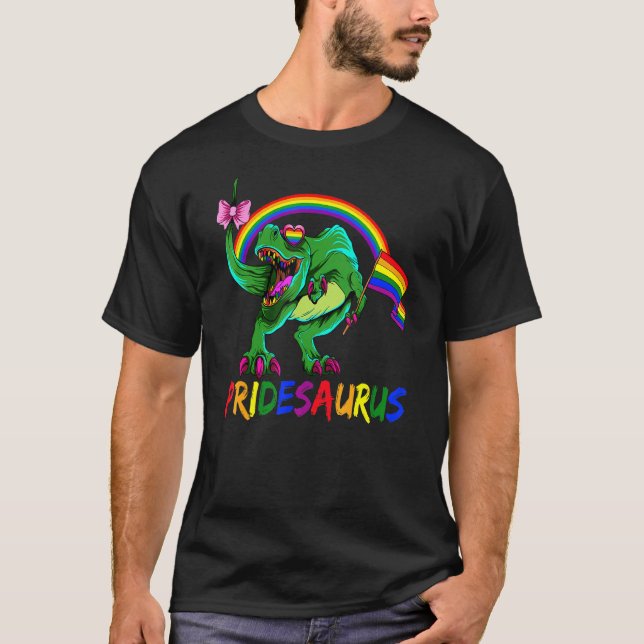 Pridesaurus T Rex LGBT Pride Gay Rainbow T Rex Din T-Shirt (Front)