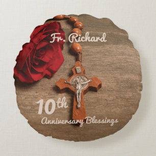 Priest 10th Ordination Anniversary Rose and Rosary Round Cushion