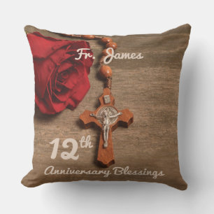 Priest 12th Ordination Anniversary Rose and Rosary Cushion