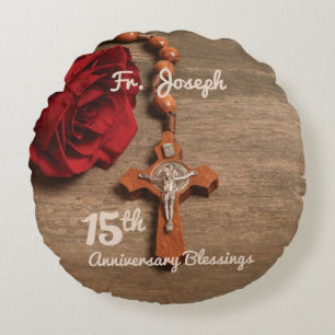 Priest 15th Ordination Anniversary Rose and Rosary Round Cushion