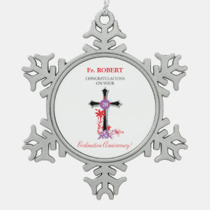 Priest 20th Ordination Anniversary Black Cross Snowflake Pewter Christmas Ornament