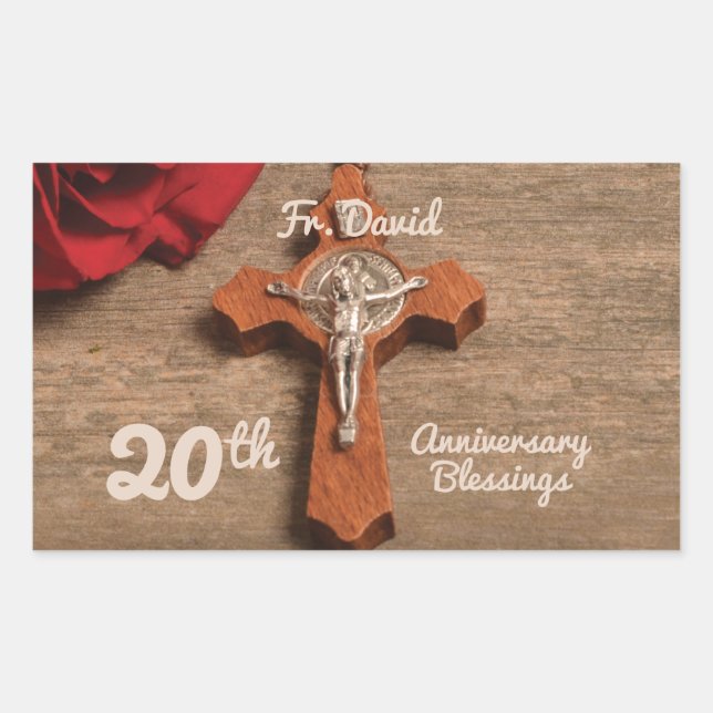 Priest 20th Ordination Anniversary Rose and Rosary Rectangular Sticker (Front)