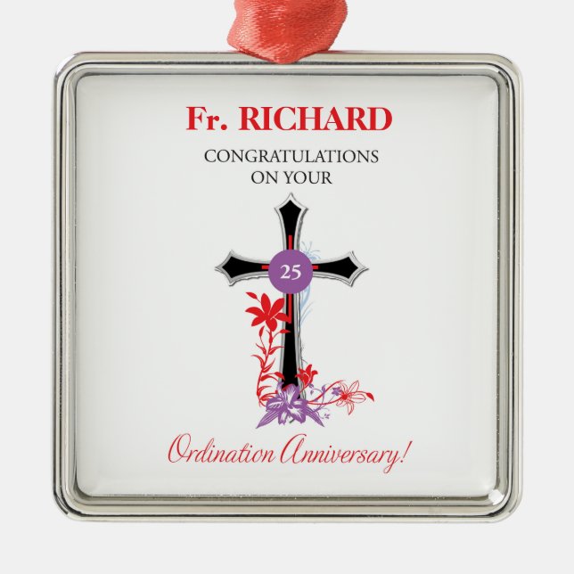 Priest 25th Ordination Anniversary Black Cross Metal Ornament (Front)
