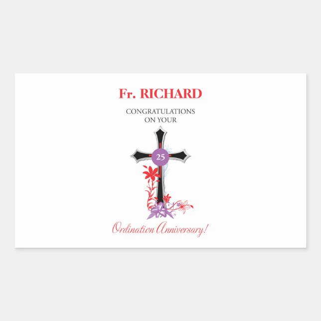 Priest 25th Ordination Anniversary Black Cross Rectangular Sticker (Front)