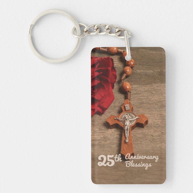 Priest 25th Ordination Anniversary Rose and Rosary Key Ring (Front)