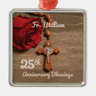 Priest 25th Ordination Anniversary Rose and Rosary Metal Ornament