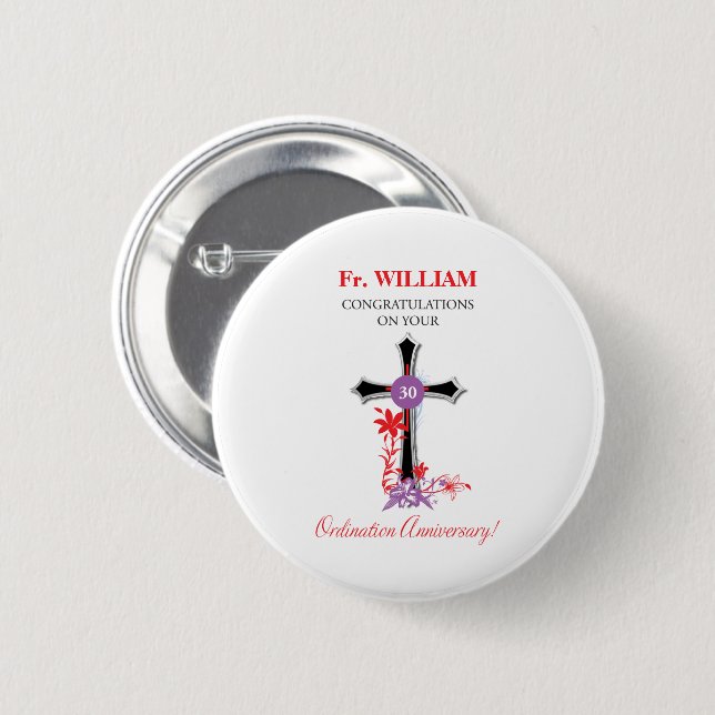 Priest 30th Ordination Anniversary Black Cross 6 Cm Round Badge (Front & Back)