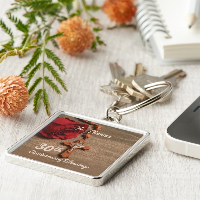 Priest 30th Ordination Anniversary Rose and Rosary Key Ring (Side)