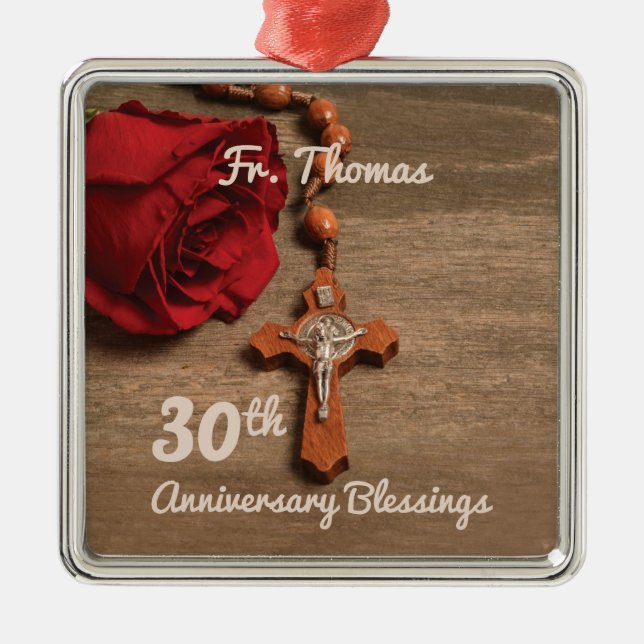 Priest 30th Ordination Anniversary Rose and Rosary Metal Ornament (Front)