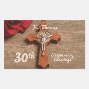 Priest 30th Ordination Anniversary Rose and Rosary Rectangular Sticker