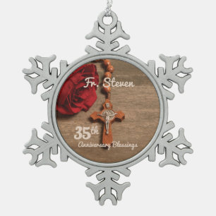 Priest 35th Ordination Anniversary Rose and Rosary Snowflake Pewter Christmas Ornament