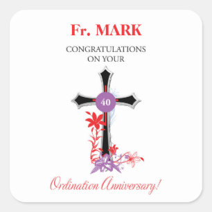 Priest 40th Ordination Anniversary Black Cross Square Sticker