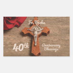Priest 40th Ordination Anniversary Rose and Rosary Rectangular Sticker