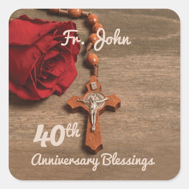 Priest 40th Ordination Anniversary Rose and Rosary Square Sticker (Front)