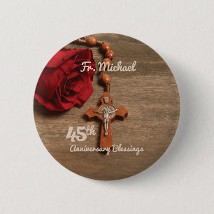 Priest 45th Ordination Anniversary Rose and Rosary 6 Cm Round Badge