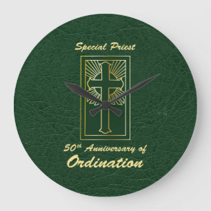 Priest 50th Anniversary of Ordination Leather Look Large Clock