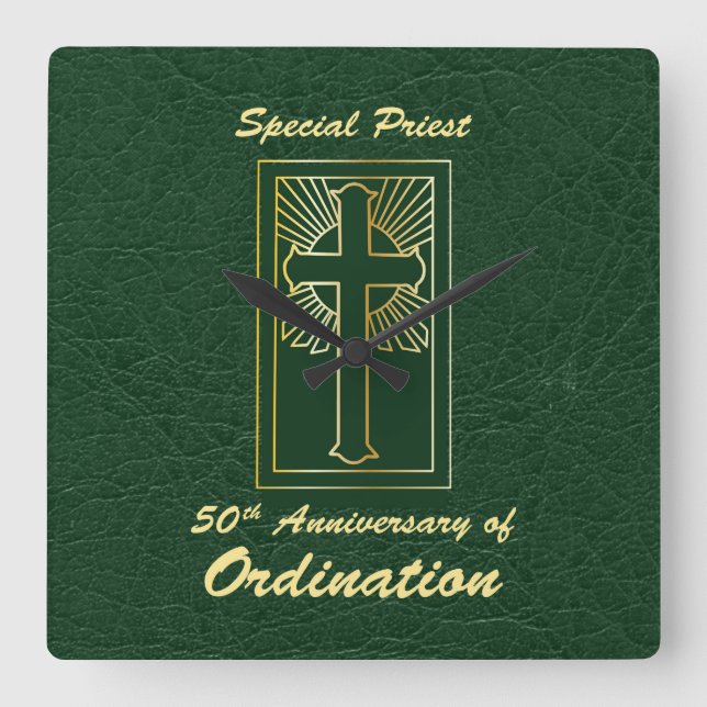 Priest 50th Anniversary of Ordination Leather Look Square Wall Clock (Front)