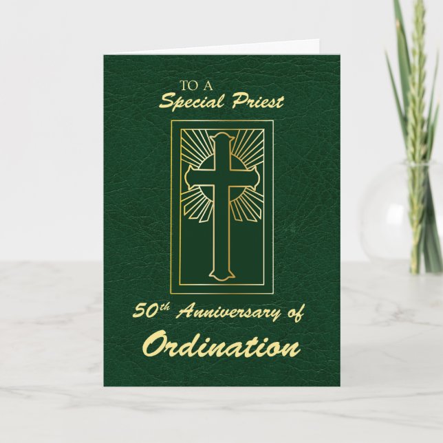 Priest 50th Anniversary, Ordination Green Leather Card (Front)