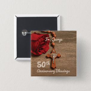 Priest 50th Ordination Anniversary Rose and Rosary 15 Cm Square Badge