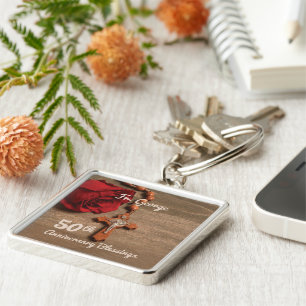 Priest 50th Ordination Anniversary Rose and Rosary Key Ring