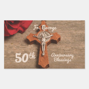 Priest 50th Ordination Anniversary Rose and Rosary Rectangular Sticker