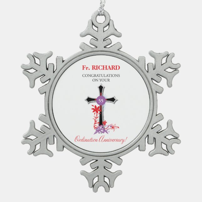 Priest 55th Ordination Anniversary Black Cross Snowflake Pewter Christmas Ornament (Front)