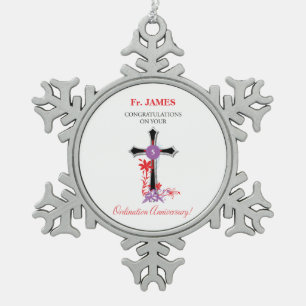 Priest 5th Ordination Anniversary Black Cross Snowflake Pewter Christmas Ornament