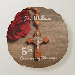 Priest 5th Ordination Anniversary Rose and Rosary Round Cushion