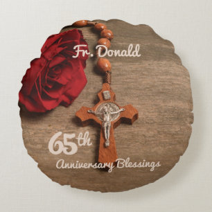 Priest 65th Ordination Anniversary Rose and Rosary Round Cushion