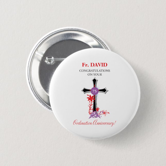 Priest 75th Ordination Anniversary Black Cross 6 Cm Round Badge (Front & Back)
