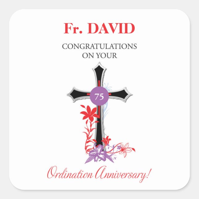 Priest 75th Ordination Anniversary Black Cross Square Sticker (Front)
