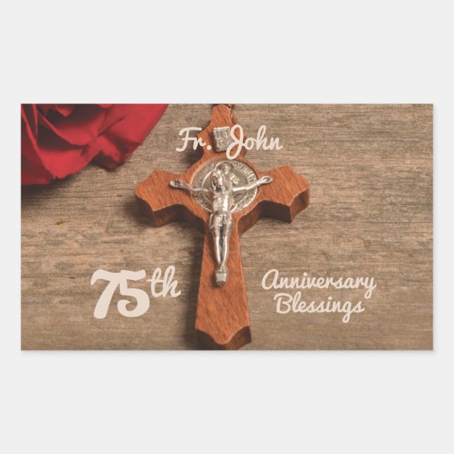 Priest 75th Ordination Anniversary Rose and Rosary Rectangular Sticker (Front)