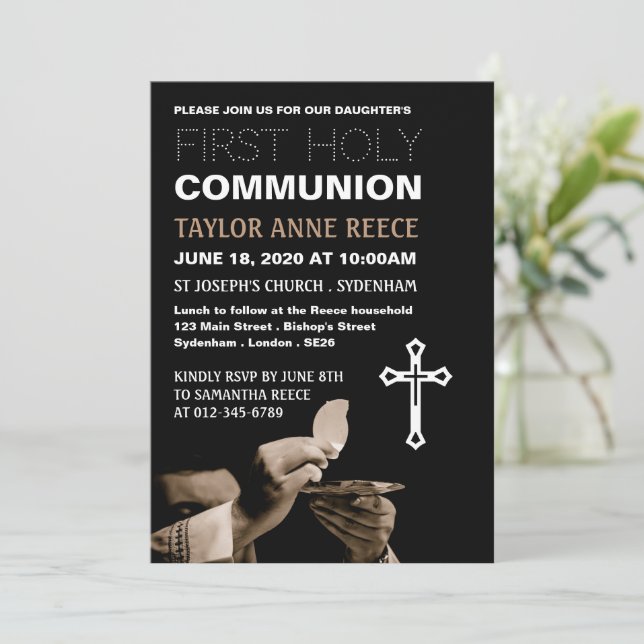 Priest and Crucifix, First Holy Communion Invitation (Standing Front)