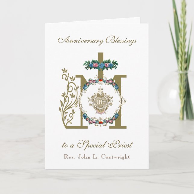 Priest Anniversary Ordination Marian Cross IHS Car Card (Front)