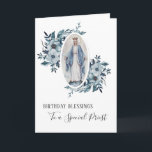 Priest Birthday | Blessed Virgin Mother Mary Card<br><div class="desc">This is a lovely traditional image of the Blessed Virgin Mother Mary holding a pink rose.  The blue floral sprays are on each side of her.  Text and fonts may be modified.</div>
